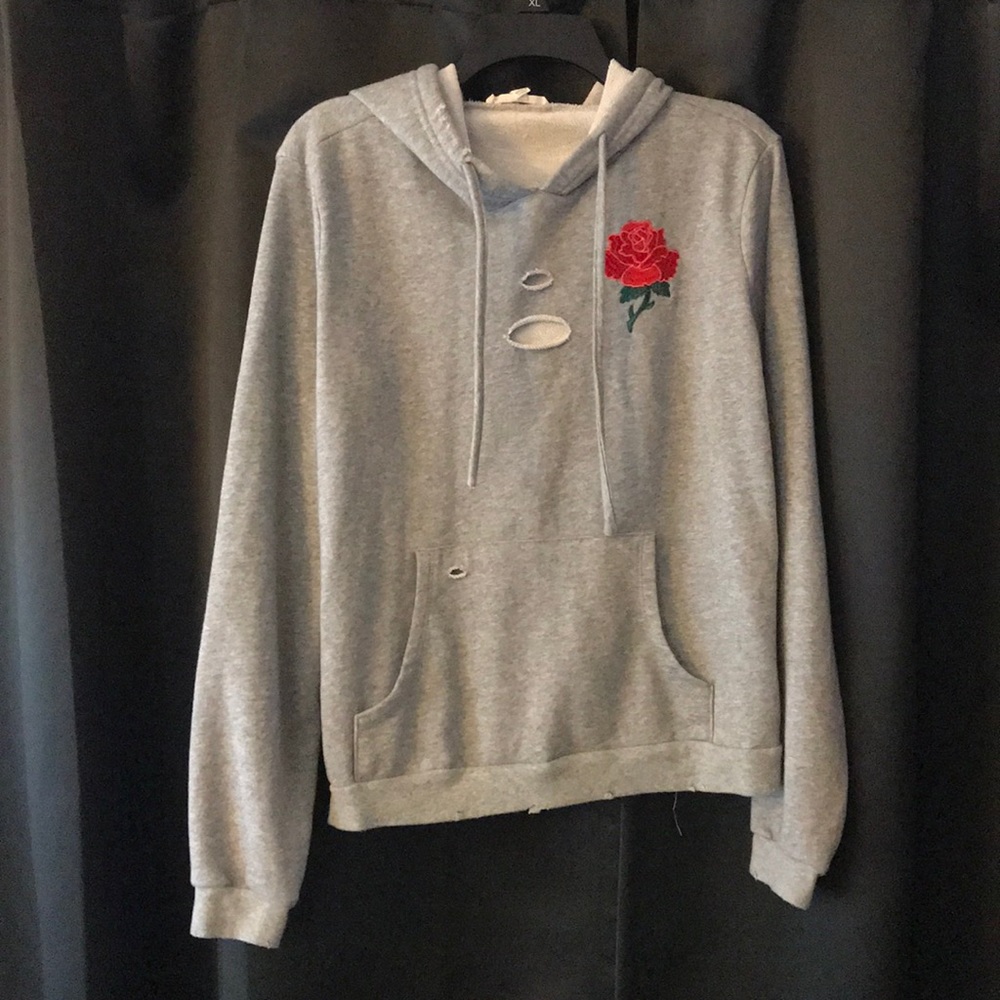 Gray Rose distressed hoodie